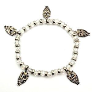 Silvertone and Faceted Glass Stretch Bracelet Silvertone Owl Charms